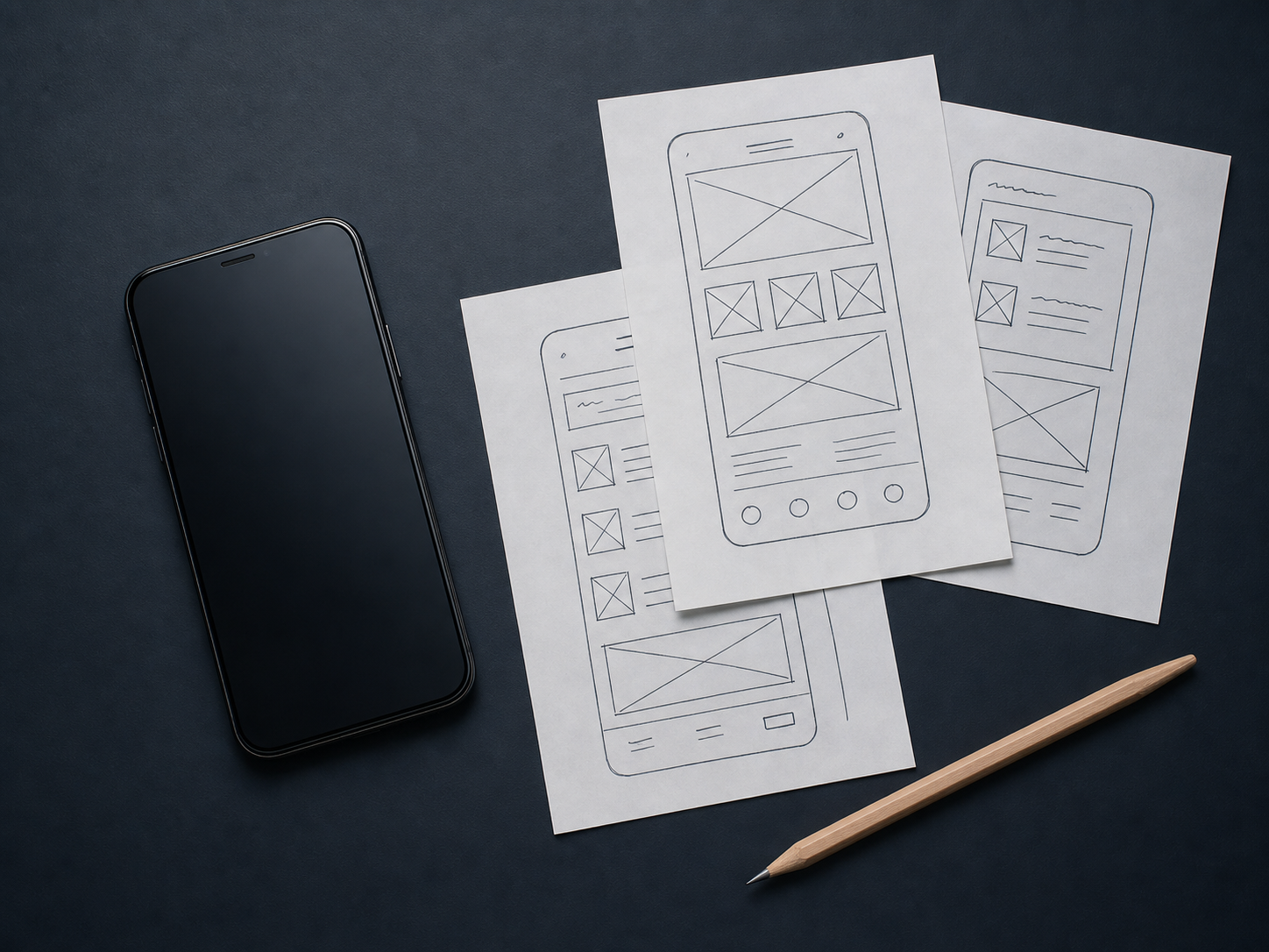 Điện thoại đặt cạnh các bản phác thảo wireframe màn hình ứng dụng trên giấy
