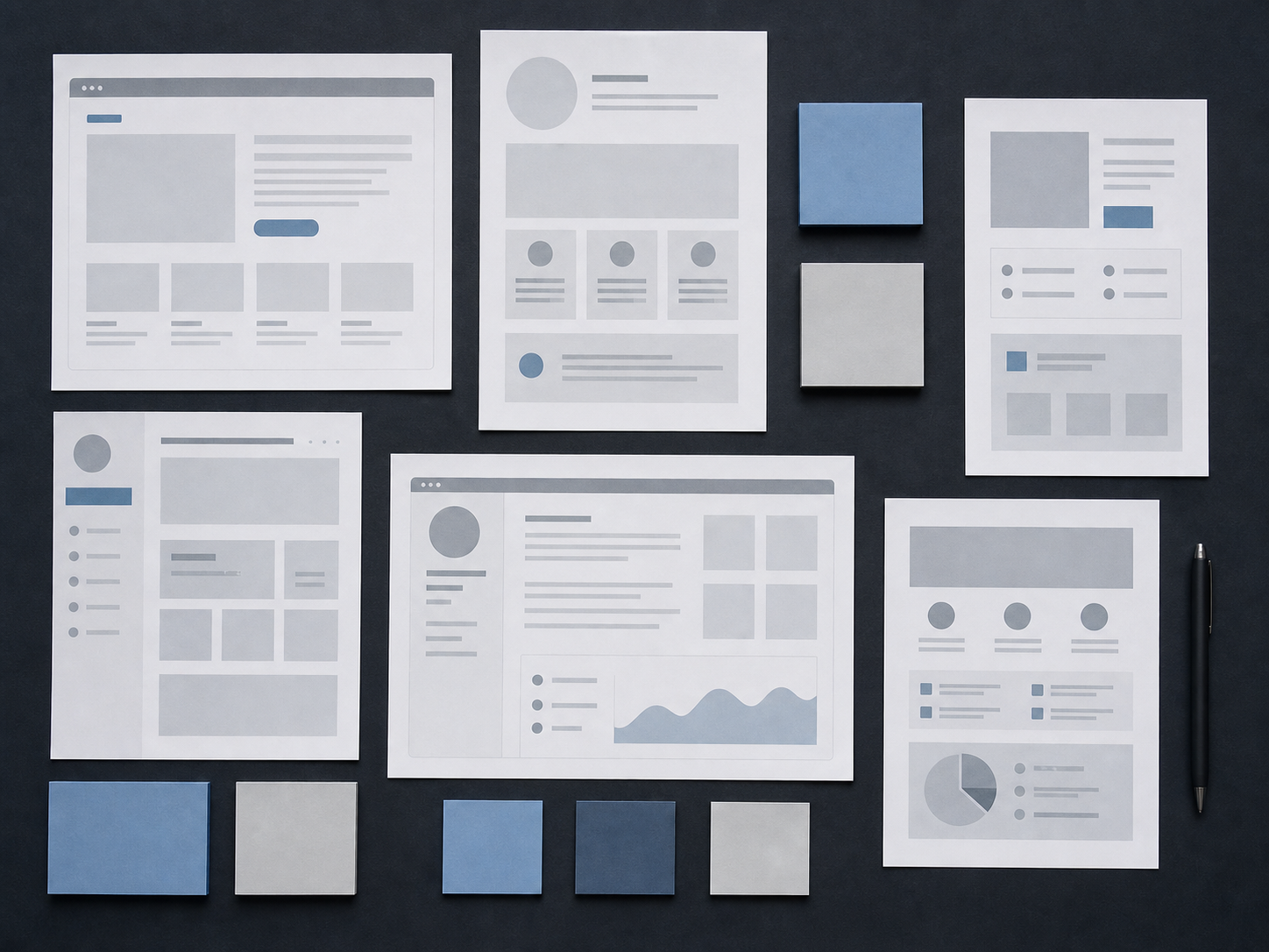 Các bản in wireframe giao diện và giấy ghi chú xếp trên mặt bàn tối