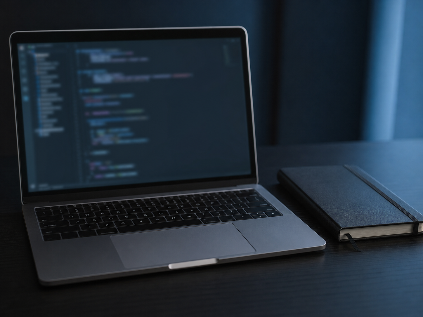 Laptop mở trên bàn tối, màn hình hiển thị mã nguồn